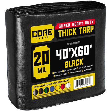 CORE TARPS 40 ft x 60 ft Heavy Duty 20 Mil Tarp, Black, Polyethylene CT-706-40x60